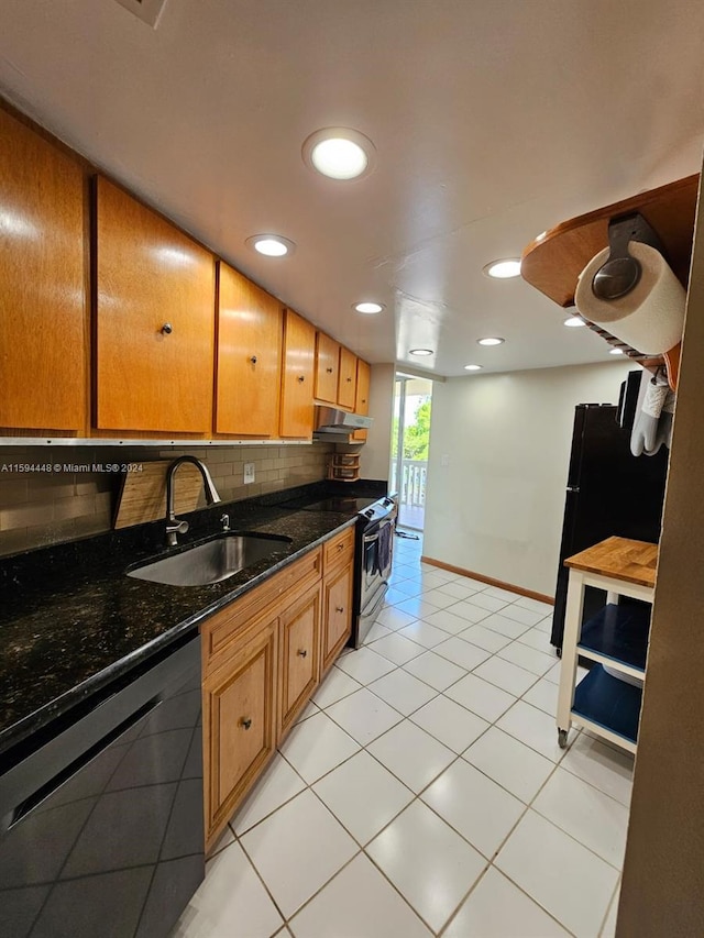 kitchen featuring stainless steel range with electric stovetop, dark stone countertops, dishwasher, sink, and decorative backsplash