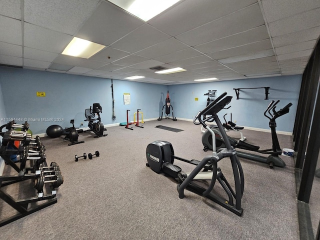 exercise room with a paneled ceiling and carpet floors