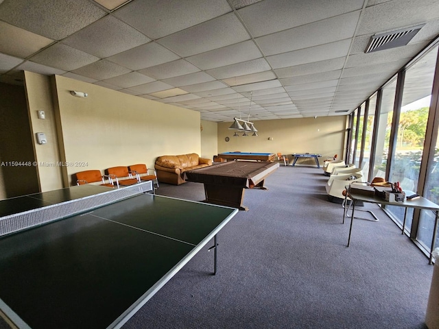 playroom with visible vents, billiards, a paneled ceiling, and carpet flooring