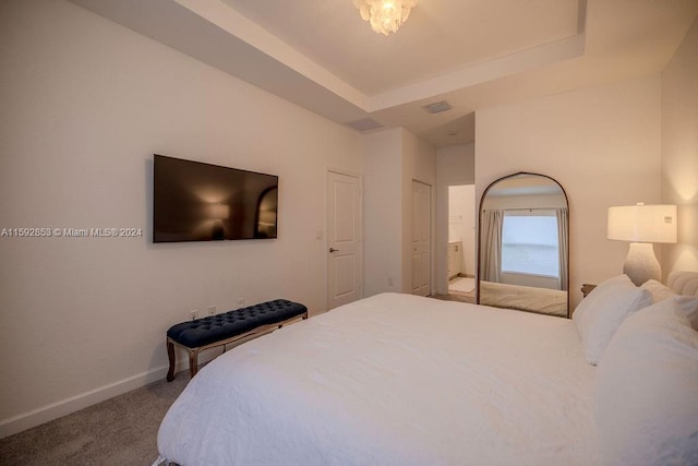 carpeted bedroom with a tray ceiling and a closet