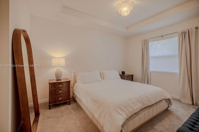 carpeted bedroom featuring a raised ceiling