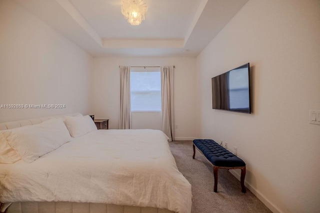 bedroom featuring carpet flooring and a tray ceiling