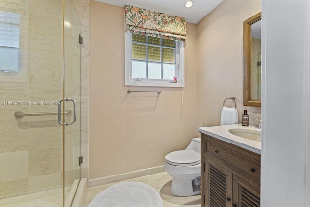 bathroom featuring a shower with shower door, tile flooring, vanity, and toilet