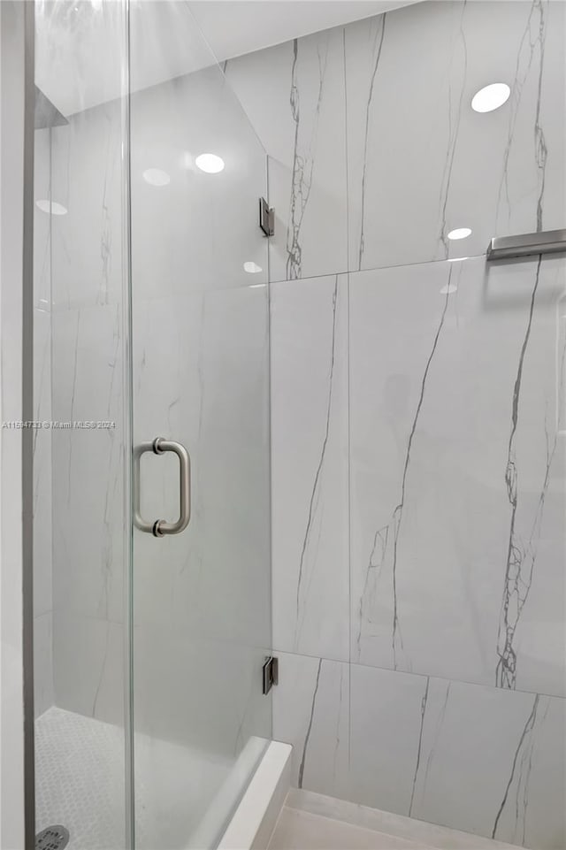 bathroom featuring a shower with shower door