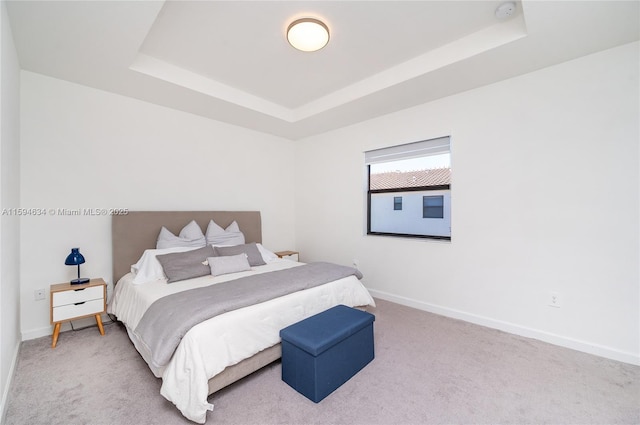 carpeted bedroom featuring a raised ceiling