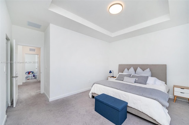 carpeted bedroom with a tray ceiling