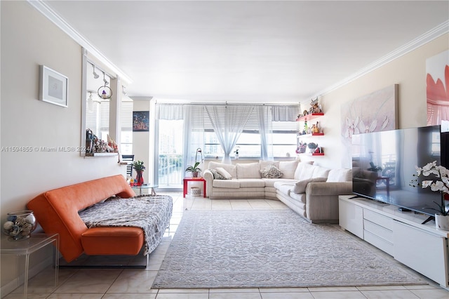 living room featuring light tile patterned flooring and crown molding