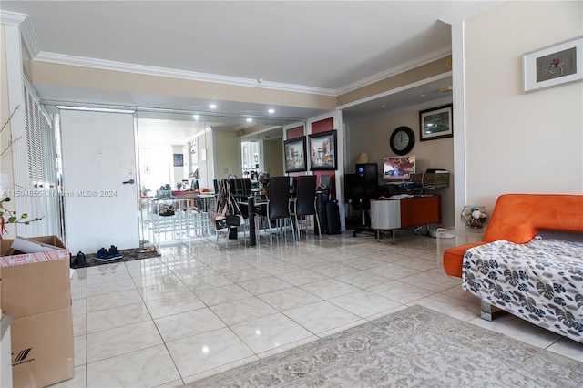 tiled living room with crown molding