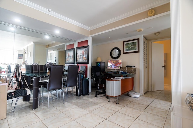 dining area with light tile patterned floors and crown molding