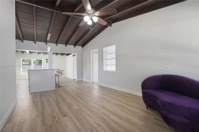 interior space featuring light hardwood / wood-style floors, beam ceiling, wooden ceiling, and ceiling fan