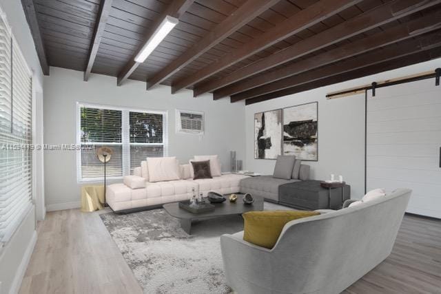 living room featuring beamed ceiling, a barn door, wooden ceiling, and hardwood / wood-style flooring