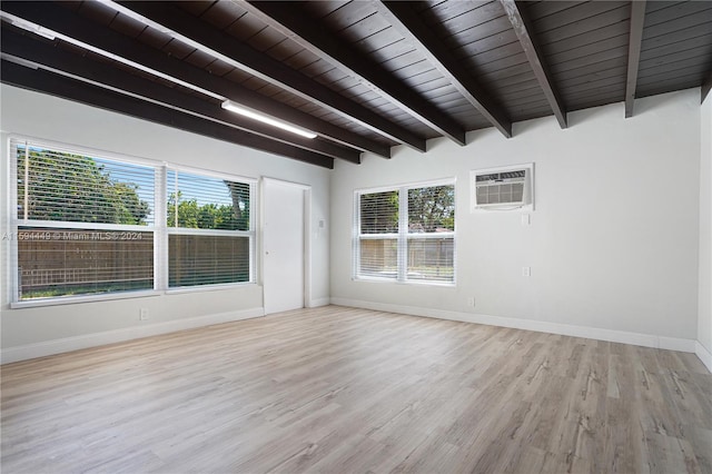 interior space featuring plenty of natural light, light wood-type flooring, wooden ceiling, and beam ceiling