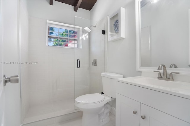 bathroom with vanity, a shower with door, and toilet