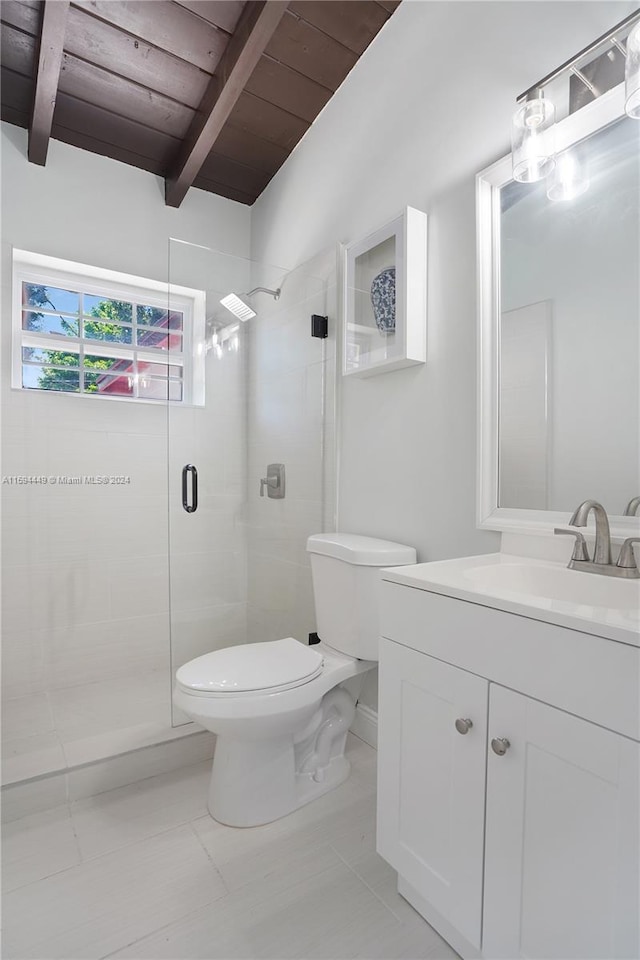 bathroom with tile patterned flooring, a shower with door, toilet, beamed ceiling, and wooden ceiling