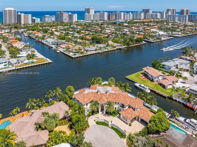 bird's eye view with a water view