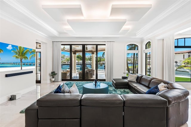 living room featuring a raised ceiling and crown molding