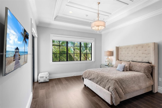 bedroom with crown molding, dark hardwood / wood-style floors, and an inviting chandelier