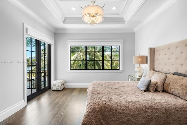 bedroom featuring hardwood / wood-style flooring, access to exterior, french doors, and multiple windows