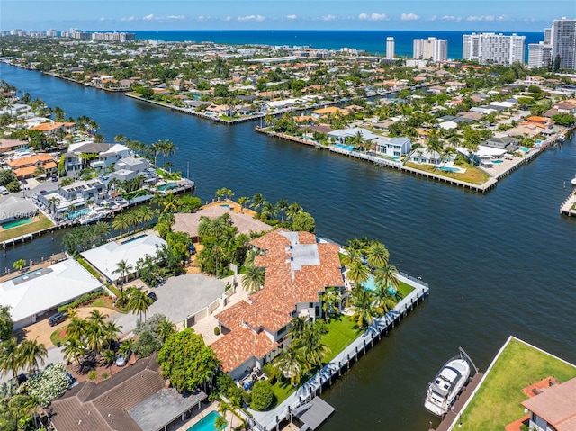 bird's eye view with a water view