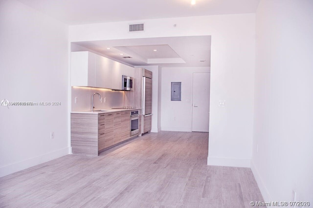 empty room featuring light hardwood / wood-style floors, sink, and a raised ceiling