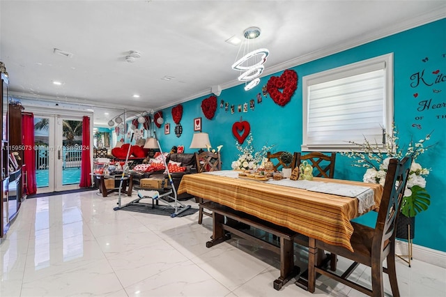 1651 NW 111th St, Miami, FL 33167 - dining space featuring crown molding, marble finish flooring, french doors, and baseboards