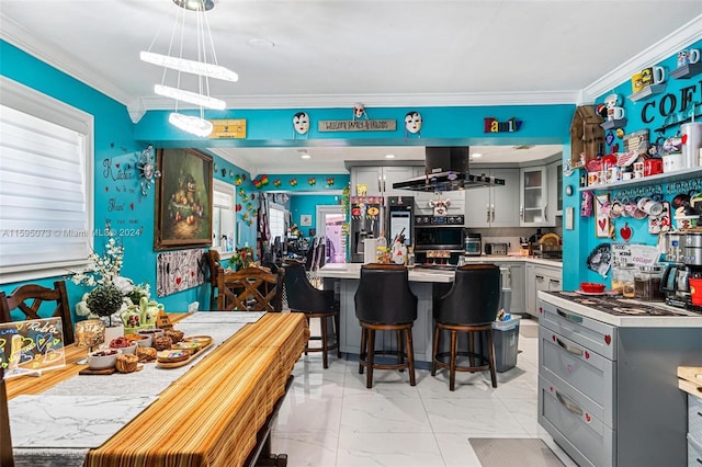 1651 NW 111th St, Miami, FL 33167 - kitchen featuring gray cabinets, crown molding, light marble finish flooring, ventilation hood, and light countertops