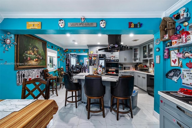 1651 NW 111th St, Miami, FL 33167 - kitchen featuring island exhaust hood, gray cabinetry, crown molding, black appliances, and light marble finish floors