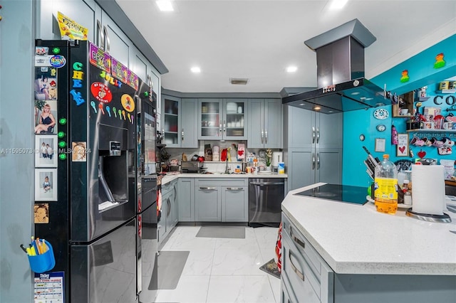 1651 NW 111th St, Miami, FL 33167 - kitchen with black appliances, island exhaust hood, gray cabinetry, light marble finish floors, and a sink