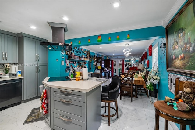 1651 NW 111th St, Miami, FL 33167 - kitchen featuring light marble finish flooring, gray cabinetry, stainless steel dishwasher, ornamental molding, and light countertops