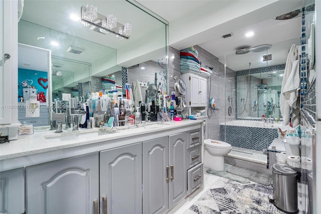 1651 NW 111th St, Miami, FL 33167 - full bathroom with a stall shower, toilet, double vanity, marble finish floors, and a tub to relax in