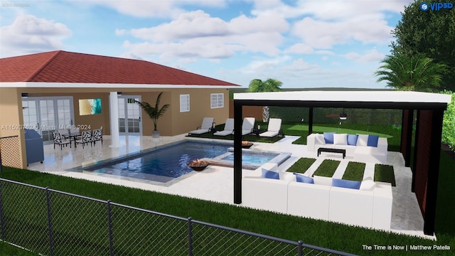 view of swimming pool featuring an outdoor living space with a fire pit and a patio area