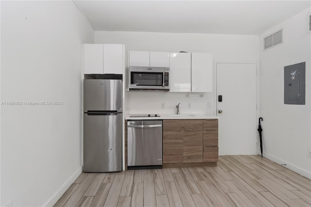 1560 Meridian Ave Unit 108, Miami Beach, FL 33139 - kitchen featuring appliances with stainless steel finishes, electric panel, white cabinetry, and light wood-type flooring