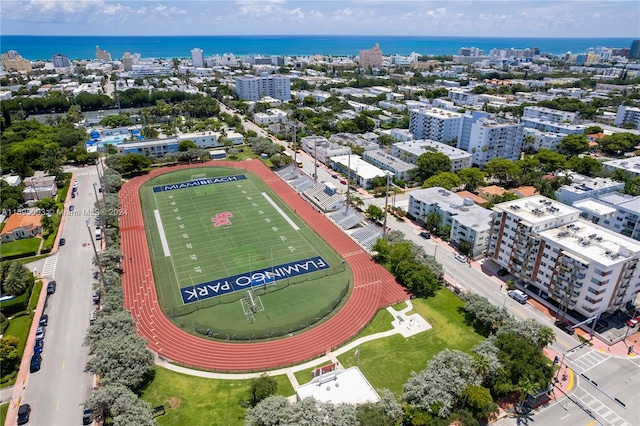 bird's eye view with a water view