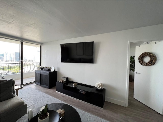 living area with baseboards, wood finished floors, and floor to ceiling windows