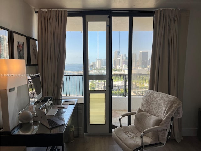 home office featuring a view of city, expansive windows, and wood finished floors