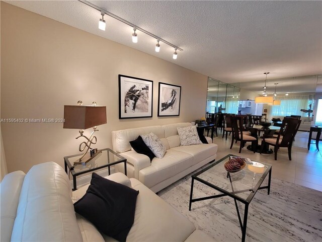 living room with a textured ceiling and track lighting