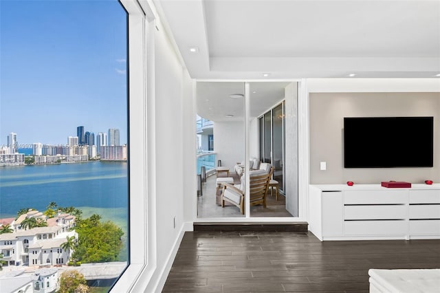 unfurnished living room with dark hardwood / wood-style flooring and a water view