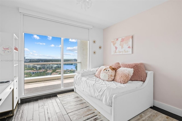 bedroom with a water view and hardwood / wood-style flooring