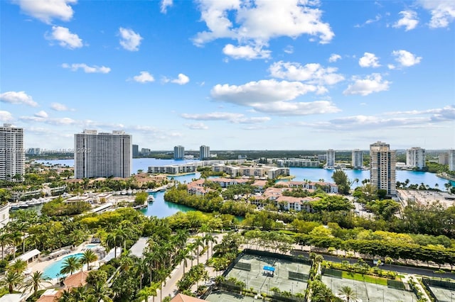 birds eye view of property featuring a water view