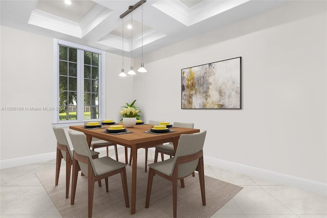 dining space with light tile patterned floors, crown molding, and coffered ceiling