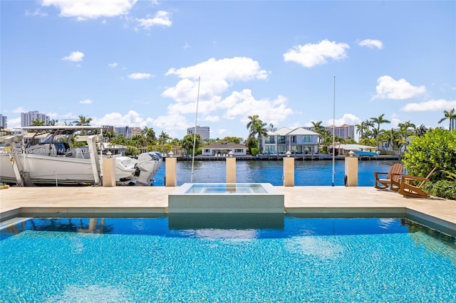 view of pool featuring a boat dock and a water view