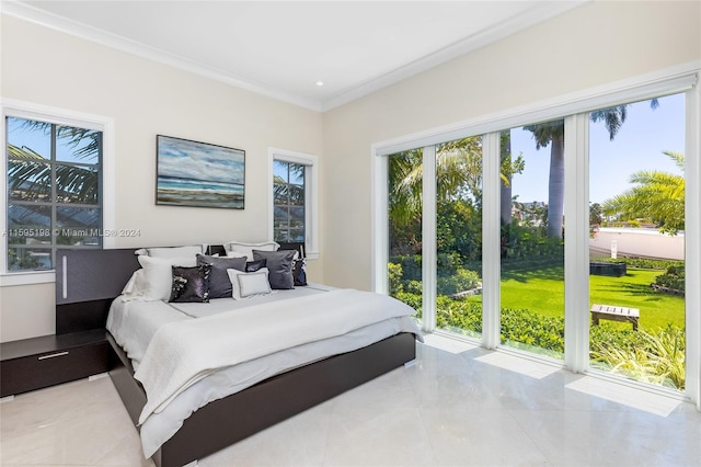 tiled bedroom with ornamental molding and access to outside