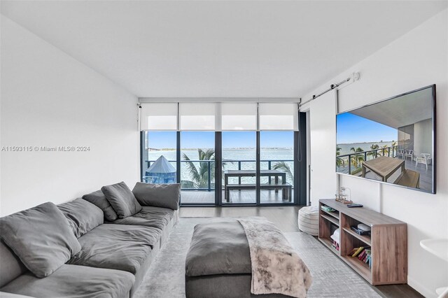 living room featuring floor to ceiling windows and hardwood / wood-style flooring