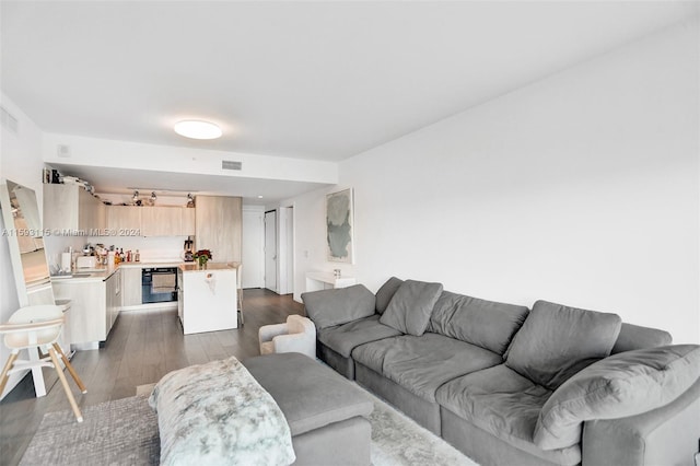 living room with dark hardwood / wood-style floors