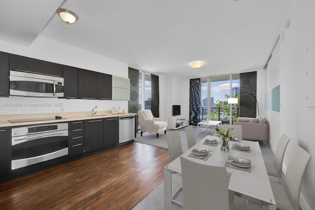 dining area featuring dark wood-type flooring, sink, and a wall of windows