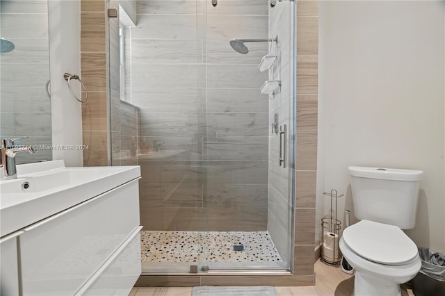 bathroom with an enclosed shower, toilet, and vanity