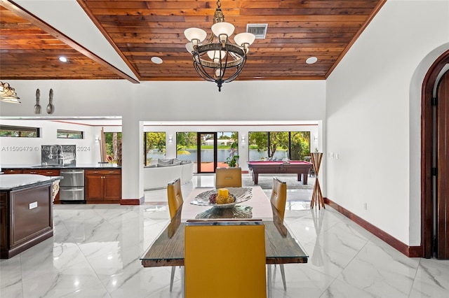 dining area with a notable chandelier, high vaulted ceiling, wooden ceiling, and pool table