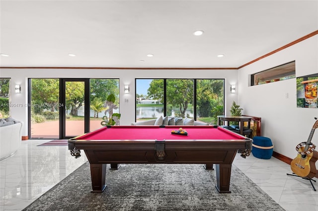 game room with ornamental molding, a wealth of natural light, and pool table