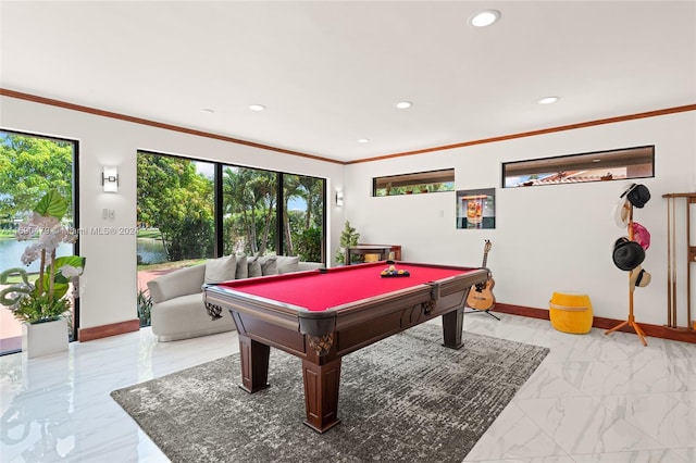 recreation room featuring crown molding and pool table