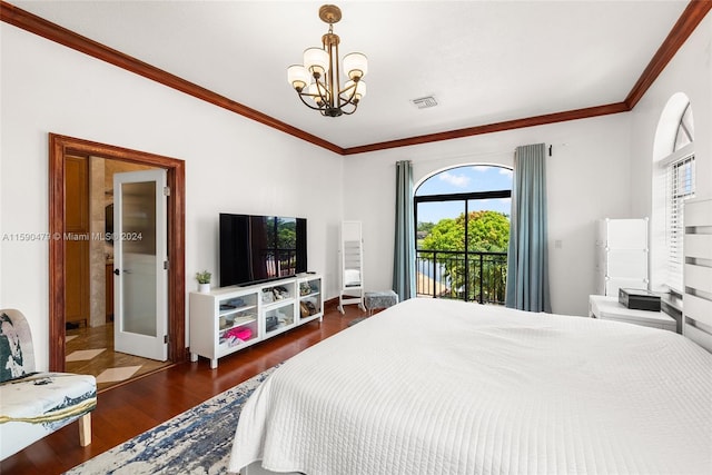 bedroom with a notable chandelier, access to outside, ornamental molding, and dark hardwood / wood-style floors